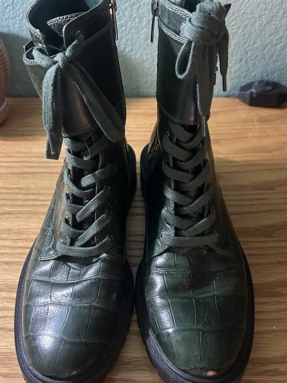 Vince Camuto Fawdry Croc Embossed Buckle Combat Boots - Picture 2 of 5